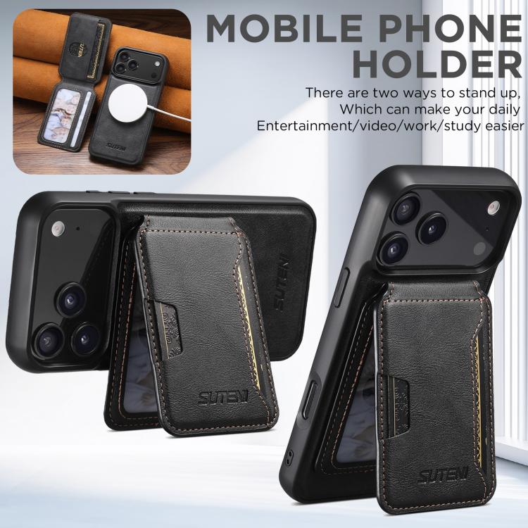 For iPhone 17 Pro Max Suteni M3 Card Bag MagSafe Cowhide Texture Leather Phone Case(Black) by Suteni