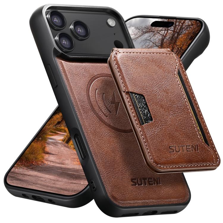 For iPhone 17 Pro Max Suteni M3 Card Bag MagSafe Cowhide Texture Leather Phone Case(Brown) by Suteni