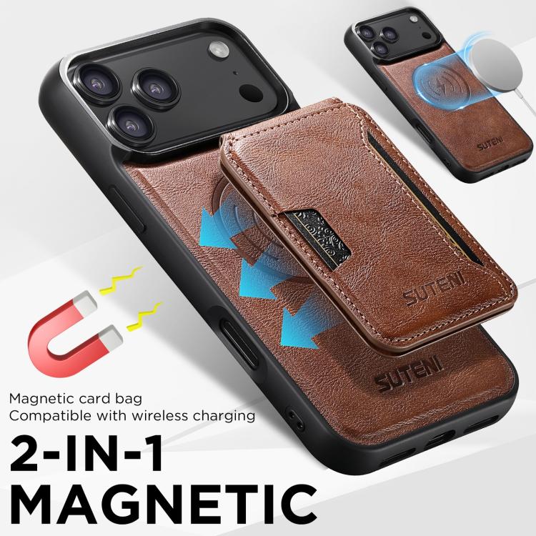 For iPhone 17 Pro Max Suteni M3 Card Bag MagSafe Cowhide Texture Leather Phone Case(Brown) by Suteni