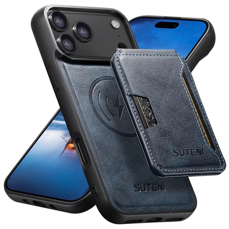 For iPhone 17 Pro Max Suteni M3 Card Bag MagSafe Cowhide Texture Leather Phone Case(Blue) by Suteni