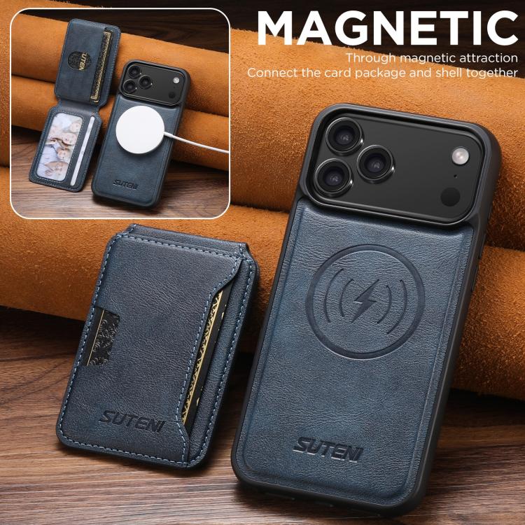 For iPhone 17 Pro Max Suteni M3 Card Bag MagSafe Cowhide Texture Leather Phone Case(Blue) by Suteni