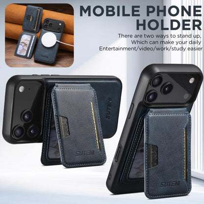 For iPhone 17 Pro Max Suteni M3 Card Bag MagSafe Cowhide Texture Leather Phone Case(Blue) by Suteni