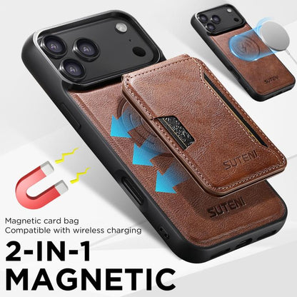 For iPhone 17 Pro Suteni M3 Card Bag MagSafe Cowhide Texture Leather Phone Case(Brown) by Suteni