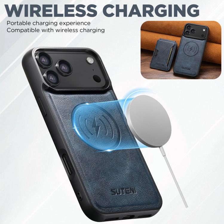 For iPhone 17 Pro Suteni M3 Card Bag MagSafe Cowhide Texture Leather Phone Case(Blue) by Suteni