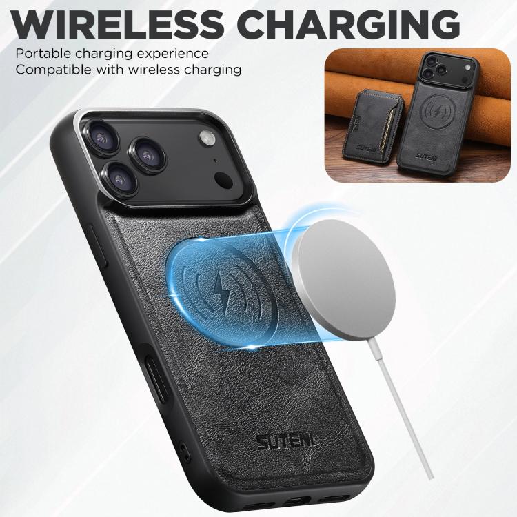 For iPhone 17 Suteni M3 Card Bag MagSafe Cowhide Texture Leather Phone Case(Black) by Suteni