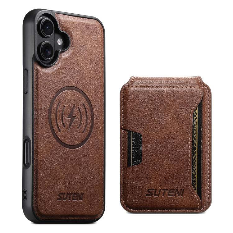 For iPhone 17 Suteni M3 Card Bag MagSafe Cowhide Texture Leather Phone Case(Brown) by Suteni