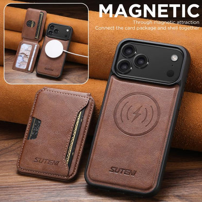 For iPhone 17 Suteni M3 Card Bag MagSafe Cowhide Texture Leather Phone Case(Brown) by Suteni