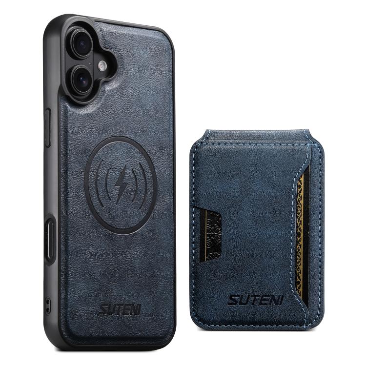 For iPhone 17 Suteni M3 Card Bag MagSafe Cowhide Texture Leather Phone Case(Blue) by Suteni
