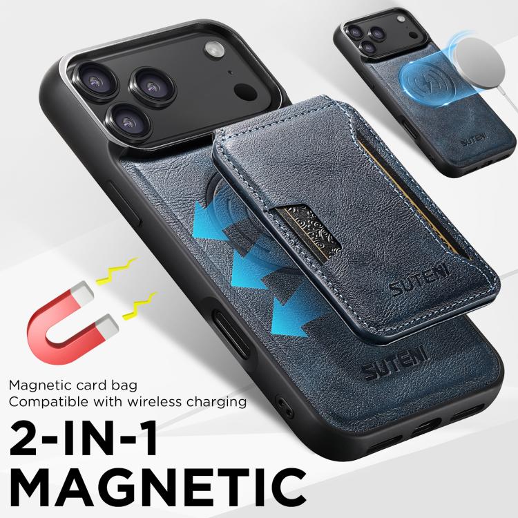 For iPhone 17 Suteni M3 Card Bag MagSafe Cowhide Texture Leather Phone Case(Blue) by Suteni