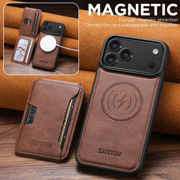 For iPhone Air Suteni M3 Card Bag MagSafe Cowhide Texture Leather Phone Case(Brown) by Suteni