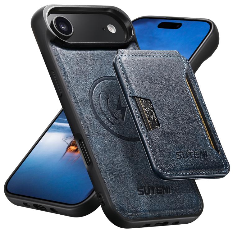 For iPhone Air Suteni M3 Card Bag MagSafe Cowhide Texture Leather Phone Case(Blue) by Suteni