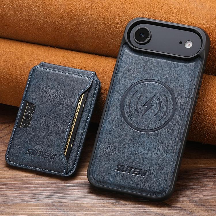 For iPhone Air Suteni M3 Card Bag MagSafe Cowhide Texture Leather Phone Case(Blue) by Suteni