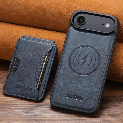For iPhone Air Suteni M3 Card Bag MagSafe Cowhide Texture Leather Phone Case(Blue) by Suteni