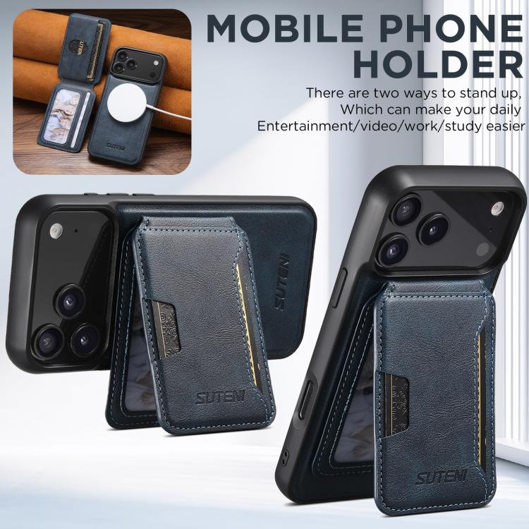 For iPhone Air Suteni M3 Card Bag MagSafe Cowhide Texture Leather Phone Case(Blue) by Suteni