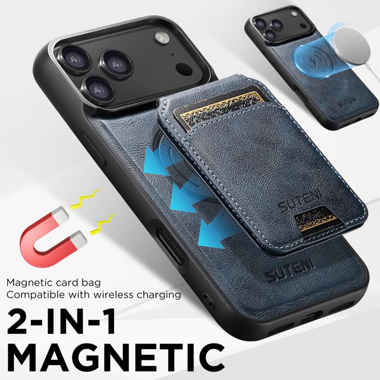 For iPhone 17 Pro Suteni M5 Magnetic Card Bag MagSafe Leather Phone Case(Blue) by Suteni