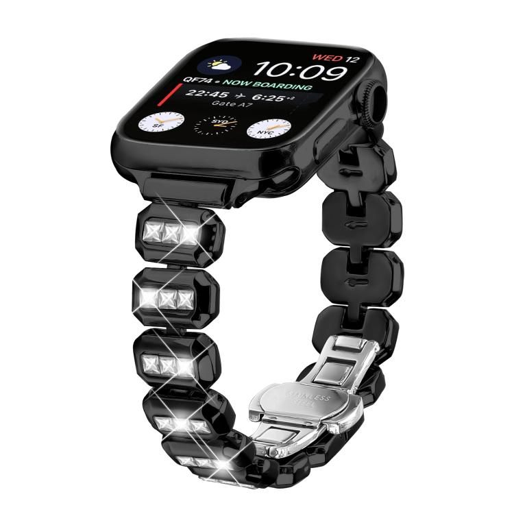For Apple Watch 46mm / 49mm / 45mm / 44mm Small Square Diamonds Butterfly Buckle Watch Band(Black) by bashfashion