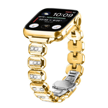 For Apple Watch 42mm / 41mm / 40mm / 38mm Small Square Diamonds Butterfly Buckle Watch Band(Gold) by bashfashion