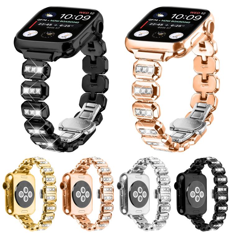 For Apple Watch 42mm / 41mm / 40mm / 38mm Small Square Diamonds Butterfly Buckle Watch Band(Black) by bashfashion