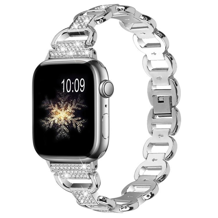 For Apple Watch 42mm / 41mm / 40mm / 38mm Oval Diamonds Steel Watch Band(Silver) by bashfashion