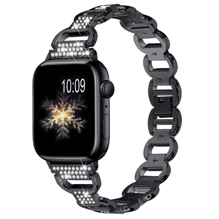 For Apple Watch 46mm / 49mm / 45mm / 44mm Oval Diamonds Steel Watch Band(Black) by bashfashion