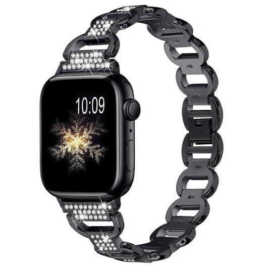 For Apple Watch 46mm / 49mm / 45mm / 44mm Oval Diamonds Steel Watch Band(Black) by bashfashion