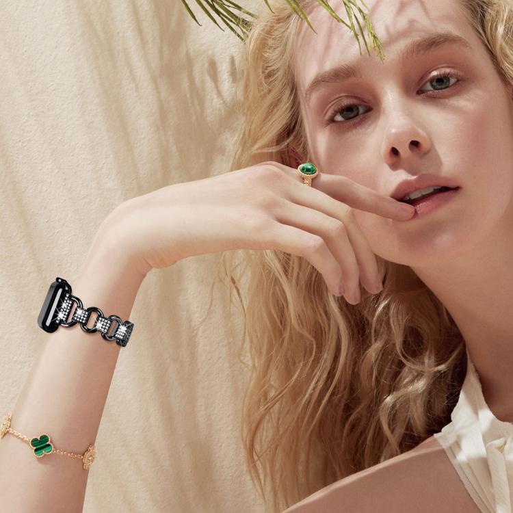 For Apple Watch 46mm / 49mm / 45mm / 44mm Oval Diamonds Steel Watch Band(Black) by bashfashion