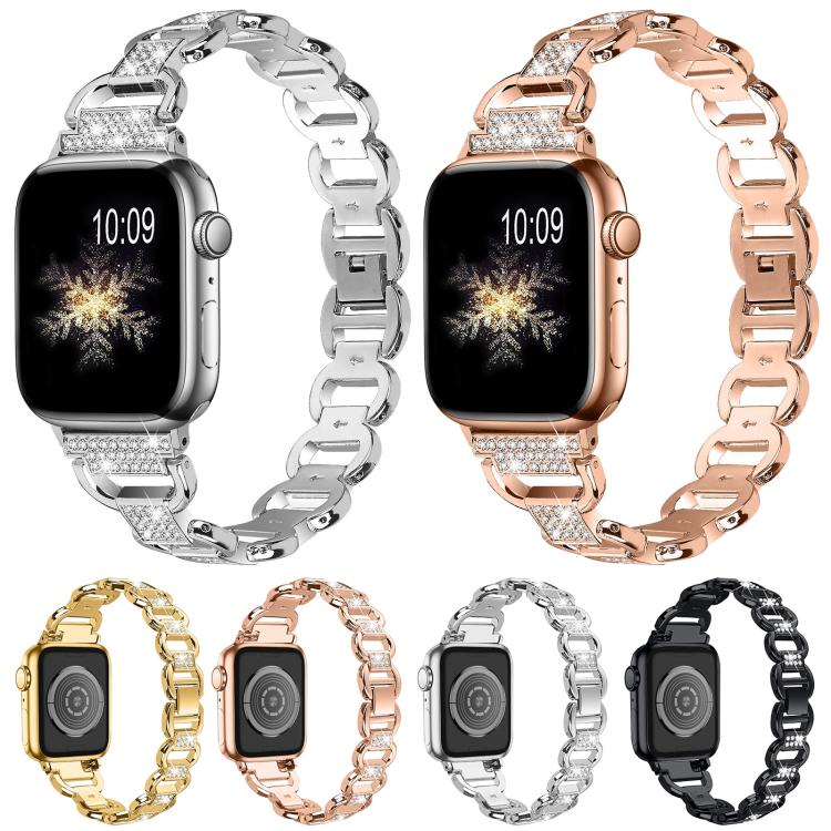 For Apple Watch 42mm / 41mm / 40mm / 38mm Oval Diamonds Steel Watch Band(Black) by bashfashion