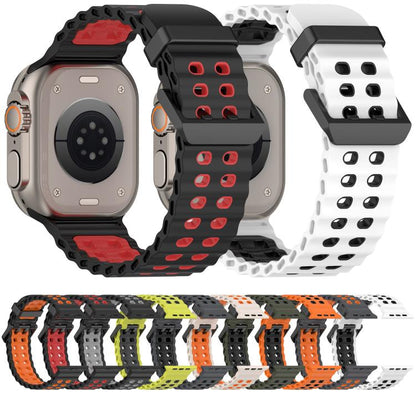 For Apple Watch 46mm / 49mm / 45mm / 44mm Ocean Double-row Hole Two-color Silicone Watch Band(White Black) by bashfashion