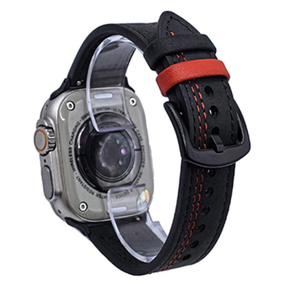 For Apple Watch 46mm / 49mm / 45mm / 44mm 7-Line Tri-Star Buckle Pull Up Leather Watch Band(Black Red Thread) by bashfashion