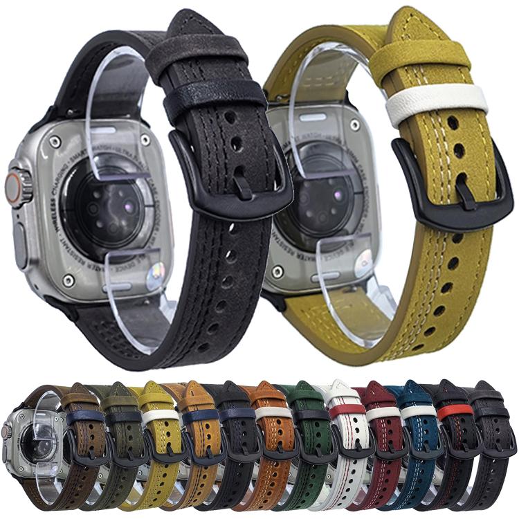 For Apple Watch 42mm / 41mm / 40mm / 38mm 7-Line Tri-Star Buckle Pull Up Leather Watch Band(Light Yellow White Thread) by bashfashion