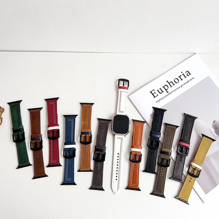 For Apple Watch 46mm / 49mm / 45mm / 44mm 7-Line Tri-Star Buckle Pull Up Leather Watch Band(Black Red Thread) by bashfashion