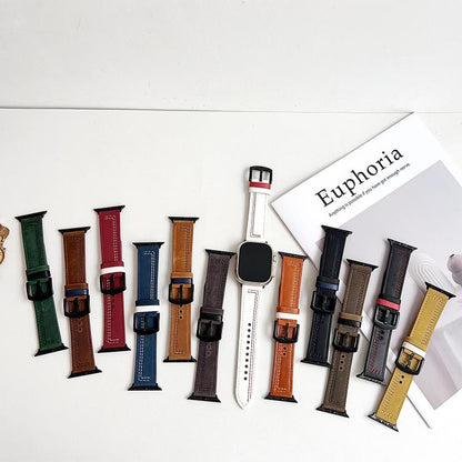 For Apple Watch 46mm / 49mm / 45mm / 44mm 7-Line Tri-Star Buckle Pull Up Leather Watch Band(Black Red Thread) by bashfashion