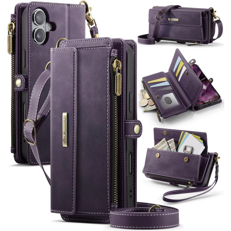 For iPhone 16 CaseMe C39 RFID Blocking Zipper Wallet Leather Phone Case with Crossbody Strap(Purple) by CaseMe