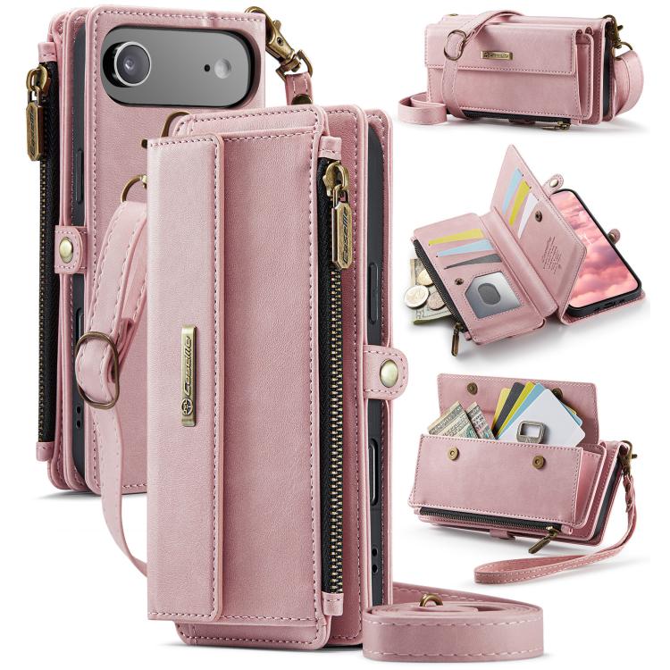 For iPhone Air CaseMe C39 RFID Blocking Zipper Wallet Leather Phone Case with Crossbody Strap(Pink) by CaseMe