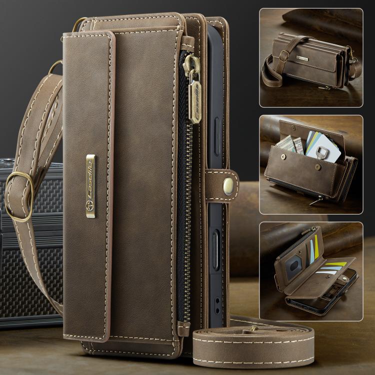 For iPhone 17 Pro CaseMe C39 RFID Blocking Zipper Wallet Leather Phone Case with Crossbody Strap(Coffee) by CaseMe