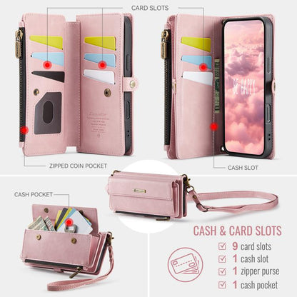 For iPhone 17 Pro CaseMe C39 RFID Blocking Zipper Wallet Leather Phone Case with Crossbody Strap(Pink) by CaseMe