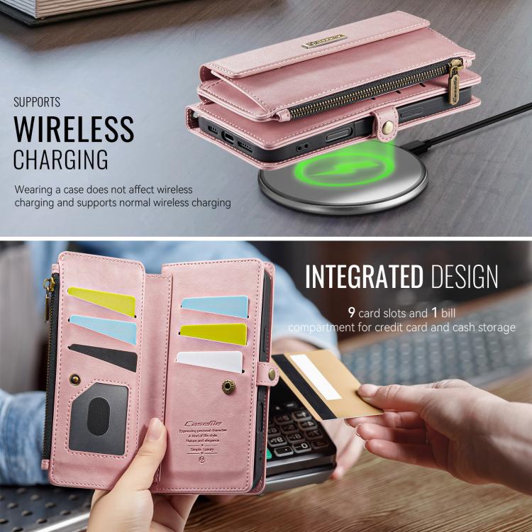 For iPhone 17 Pro CaseMe C39 RFID Blocking Zipper Wallet Leather Phone Case with Crossbody Strap(Pink) by CaseMe