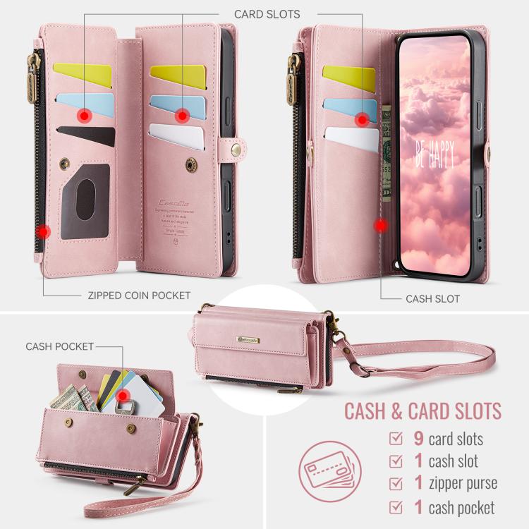 For iPhone 17 Pro Max CaseMe C39 RFID Blocking Zipper Wallet Leather Phone Case with Crossbody Strap(Pink) by CaseMe