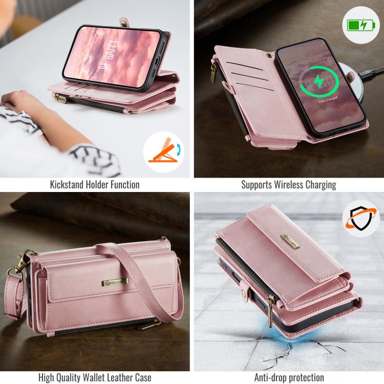 For iPhone 17 Pro Max CaseMe C39 RFID Blocking Zipper Wallet Leather Phone Case with Crossbody Strap(Pink) by CaseMe