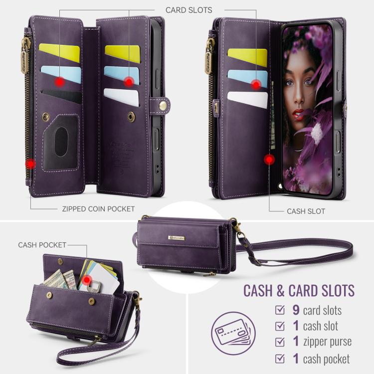 For iPhone 17 Pro Max CaseMe C39 RFID Blocking Zipper Wallet Leather Phone Case with Crossbody Strap(Purple) by CaseMe