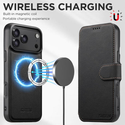 For iPhone 17 Pro Max Suteni Q05 2-in-1 Multi-function MagSafe Wallet Litchi Leather Phone Case(Black) by Suteni