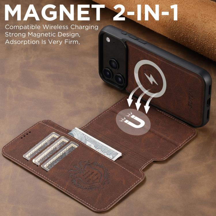 For iPhone 17 Pro Max Suteni Q05 2-in-1 Multi-function MagSafe Wallet Litchi Leather Phone Case(Brown) by Suteni