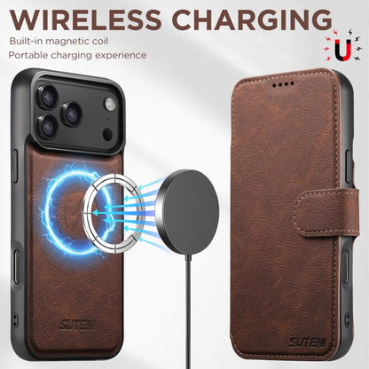For iPhone 17 Pro Max Suteni Q05 2-in-1 Multi-function MagSafe Wallet Litchi Leather Phone Case(Brown) by Suteni