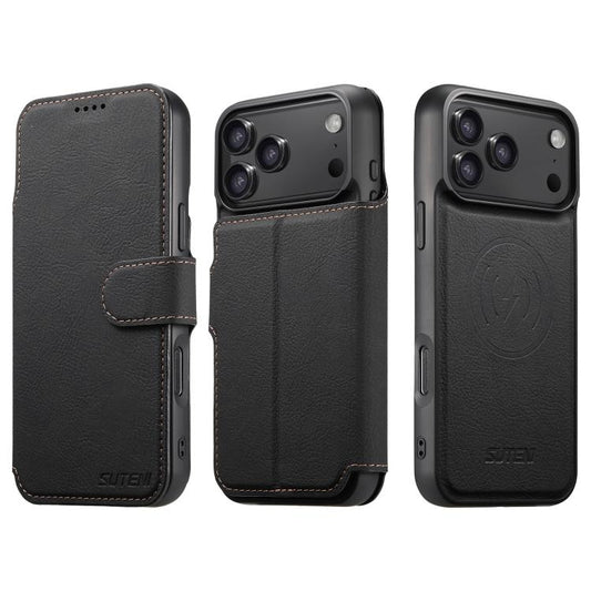 For iPhone 17 Pro Suteni Q05 2-in-1 Multi-function MagSafe Wallet Litchi Leather Phone Case(Black) by Suteni