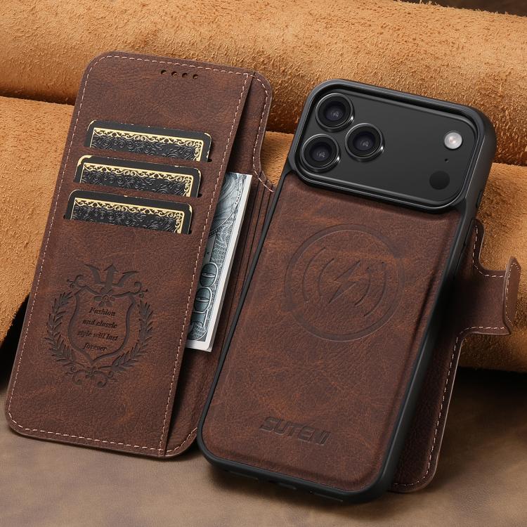 For iPhone 17 Pro Suteni Q05 2-in-1 Multi-function MagSafe Wallet Litchi Leather Phone Case(Brown) by Suteni
