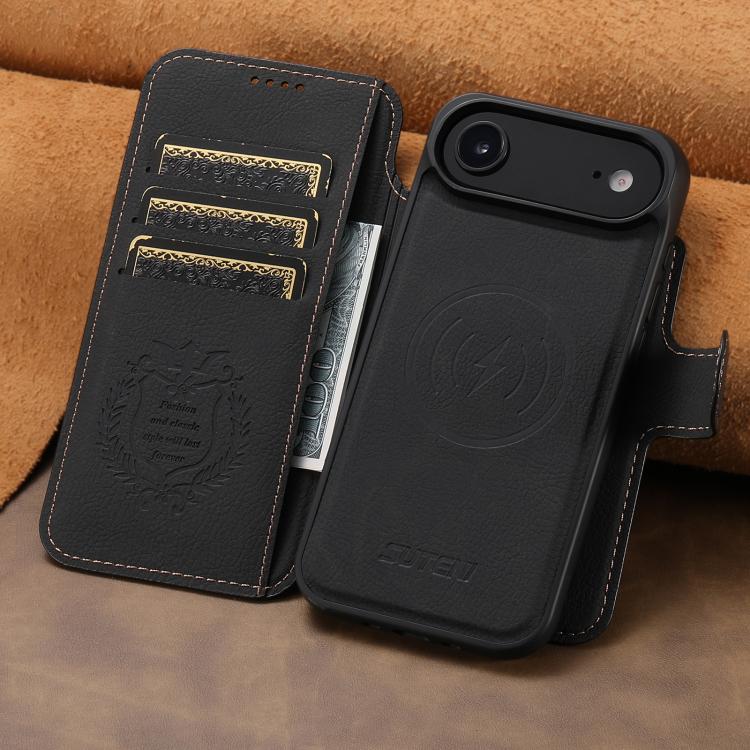 For iPhone Air Suteni Q05 2-in-1 Multi-function MagSafe Wallet Litchi Leather Phone Case(Black) by Suteni