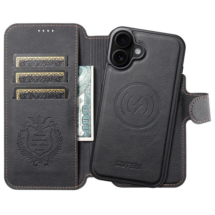 For iPhone 17 Suteni Q05 2-in-1 Multi-function MagSafe Wallet Litchi Leather Phone Case(Black) by Suteni