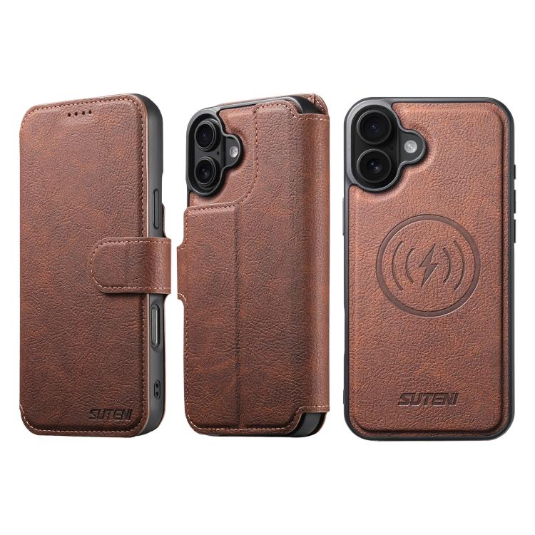 For iPhone 17 Suteni Q05 2-in-1 Multi-function MagSafe Wallet Litchi Leather Phone Case(Brown) by Suteni