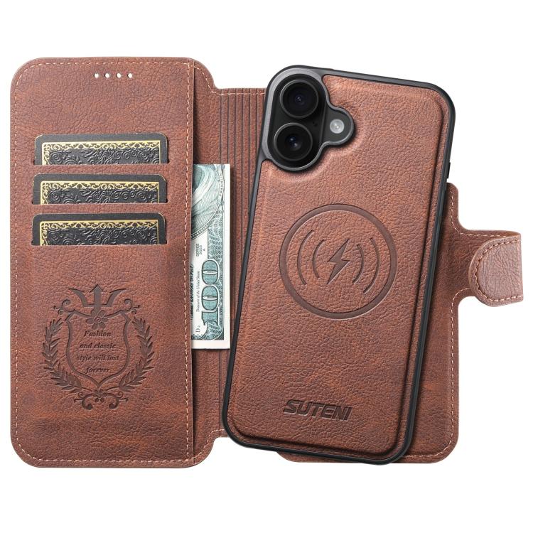 For iPhone 17 Suteni Q05 2-in-1 Multi-function MagSafe Wallet Litchi Leather Phone Case(Brown) by Suteni