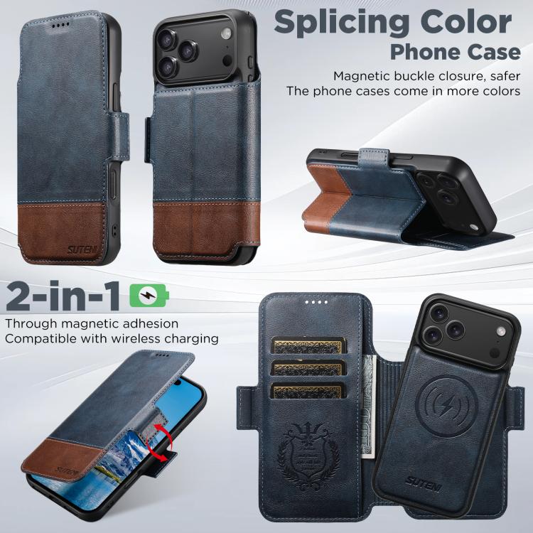 For iPhone 17 Pro Max Suteni Q06 2-in-1 Multi-function Detachable Wallet MagSafe Phone Case(Blue) by Suteni